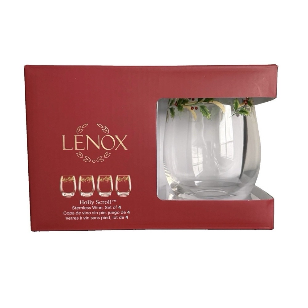Lenox Holly Scroll Christmas Holiday Stemless Wine Glasses Set of 4 NEW‎